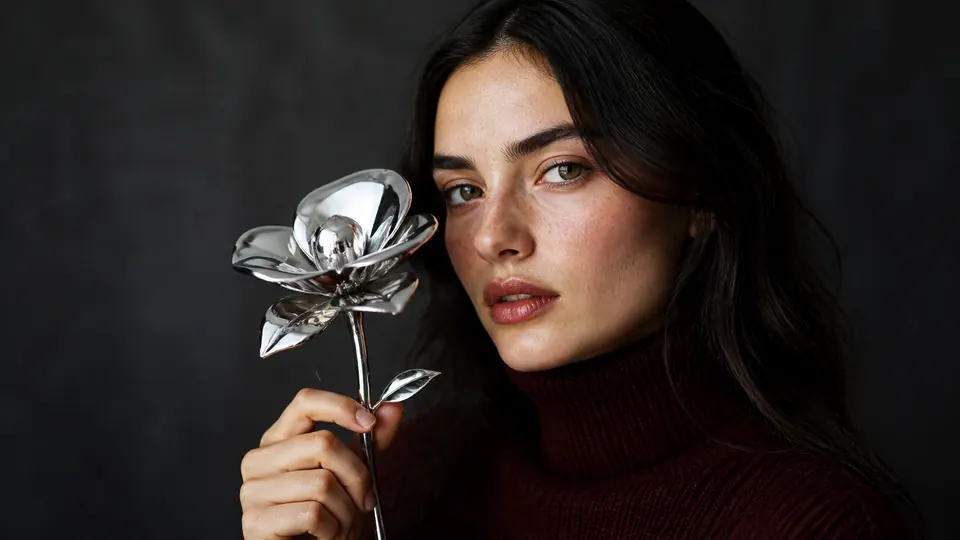 A highly realistic editorial portrait holding a reflective chrome flower
