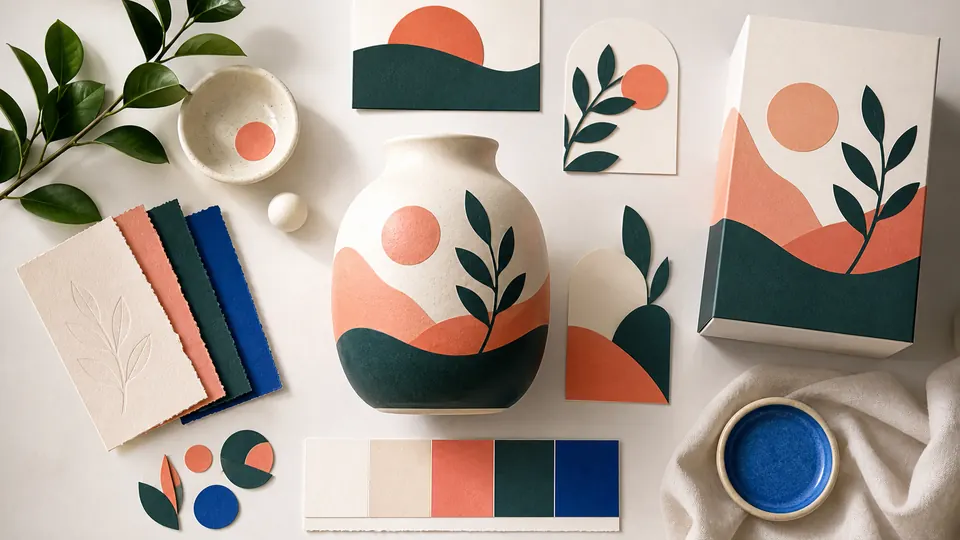 A meticulous product identity system arranged on a design workbench
