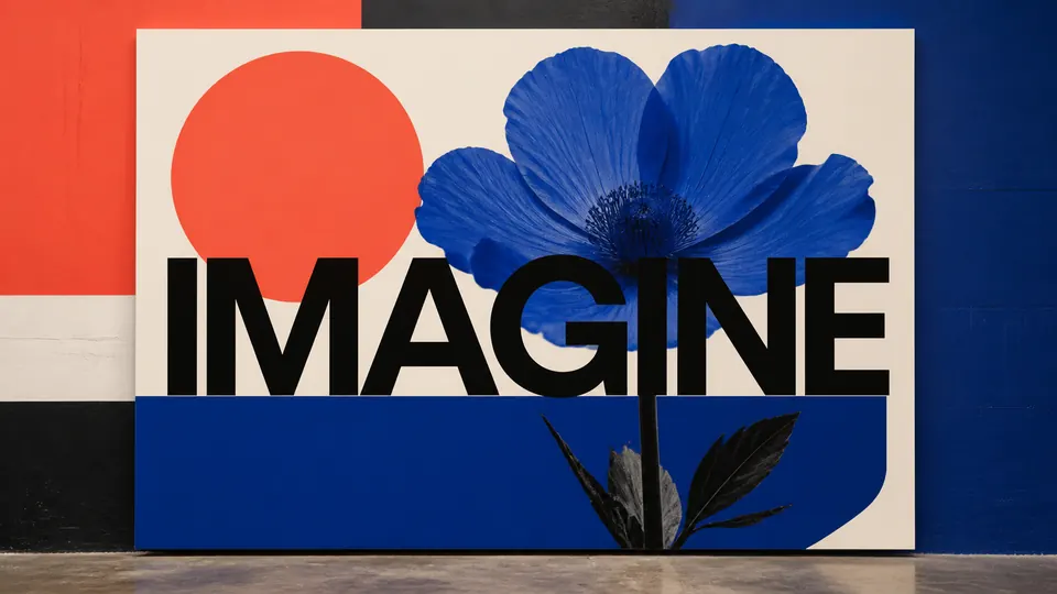 A bold graphic poster spelling IMAGINE with a cobalt flower