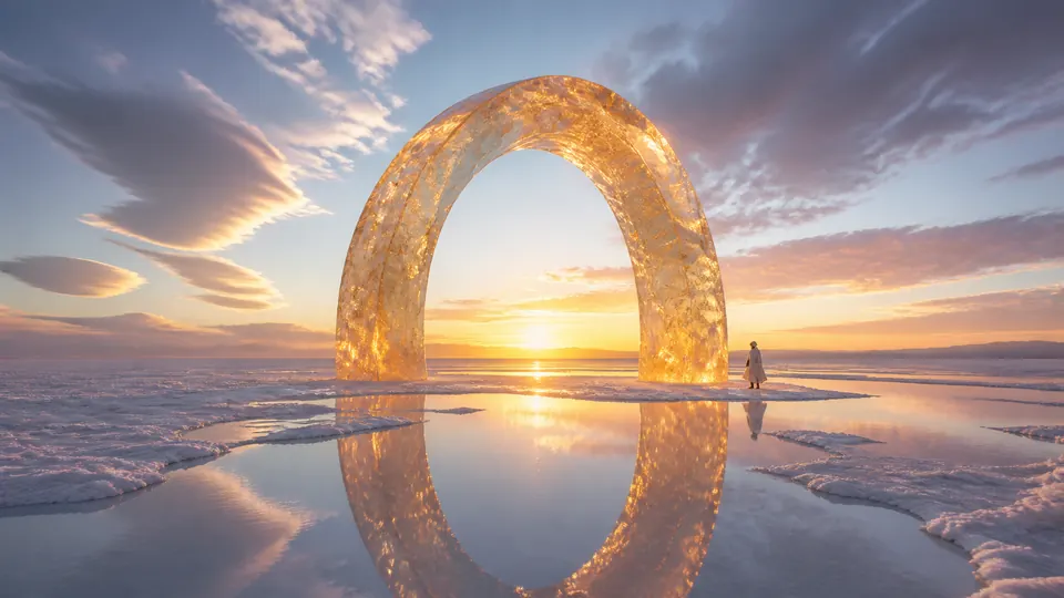 A monumental amber glass arch reflected in a salt desert