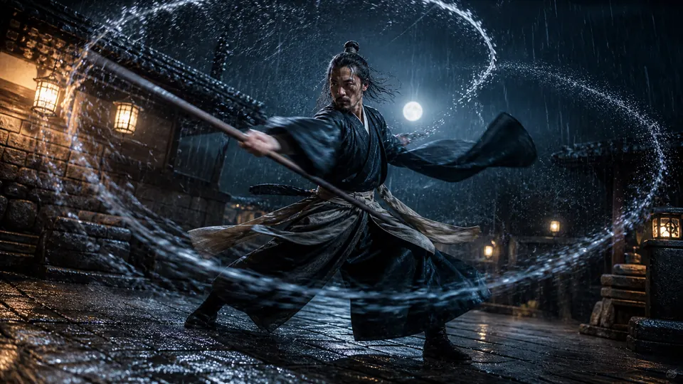 A martial artist sweeping rain through a cinematic circular motion