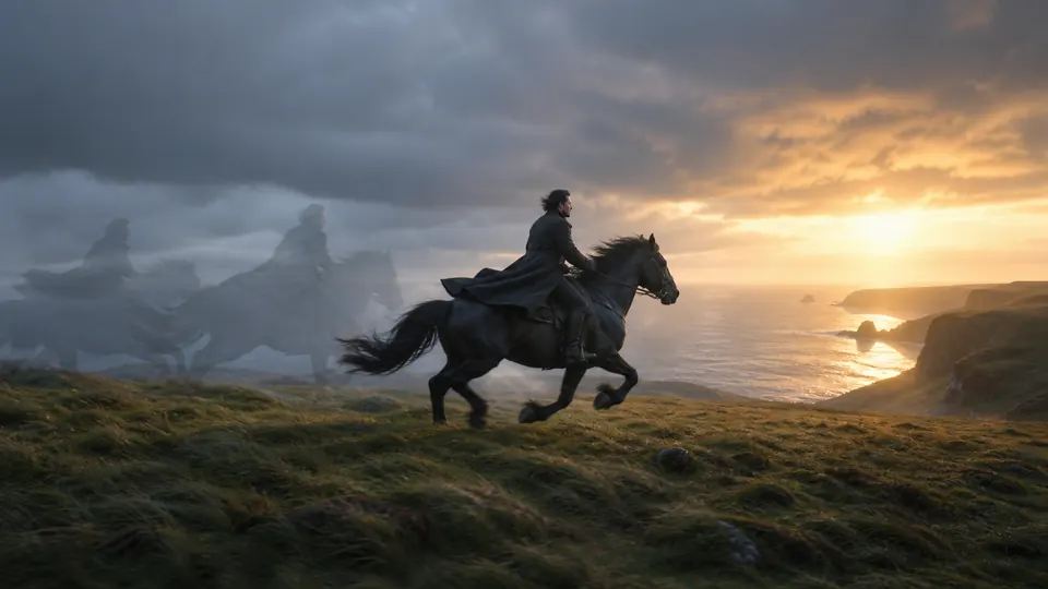 A rider and horse moving naturally along a coastal cliff