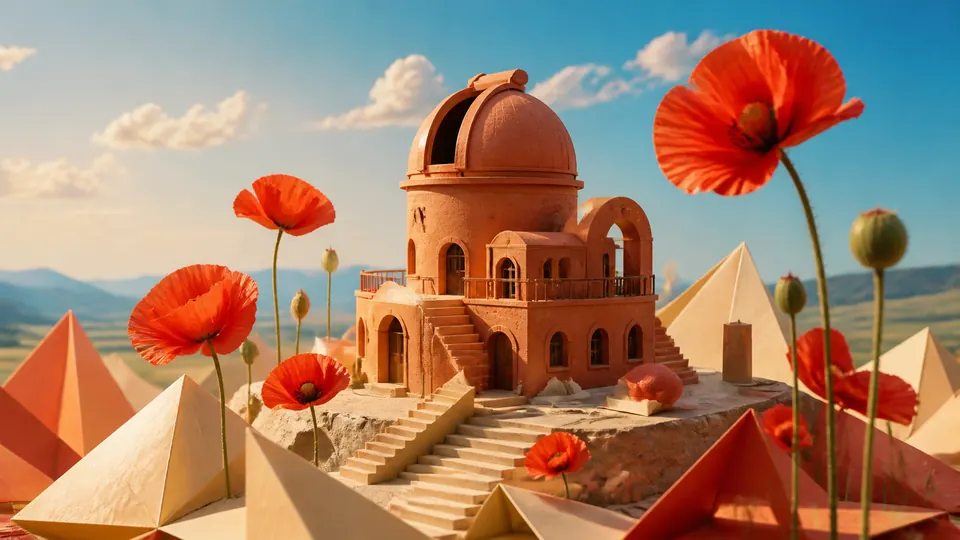 A detailed terracotta observatory surrounded by giant poppies