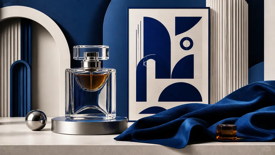A premium cobalt product campaign with precise geometric poster design