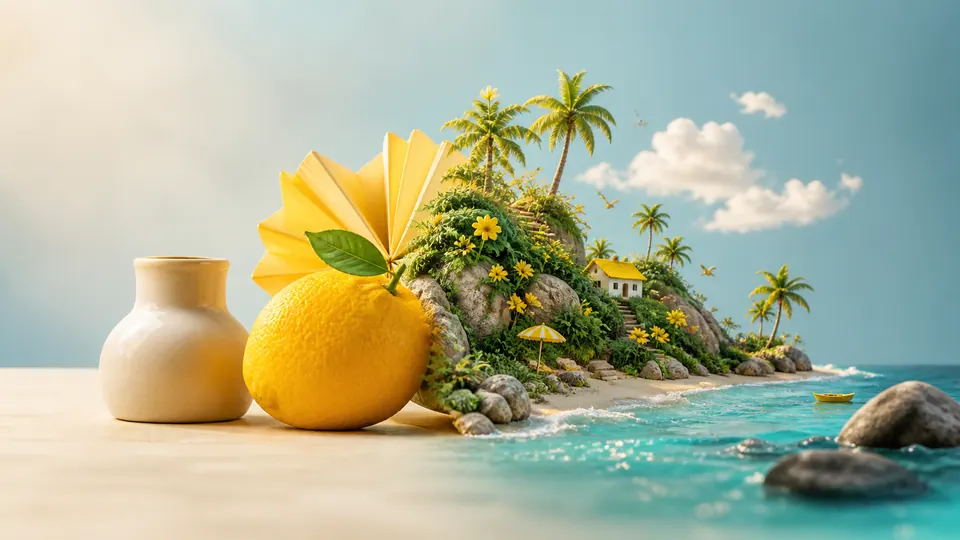 A tabletop still life transforming into a miniature tropical island