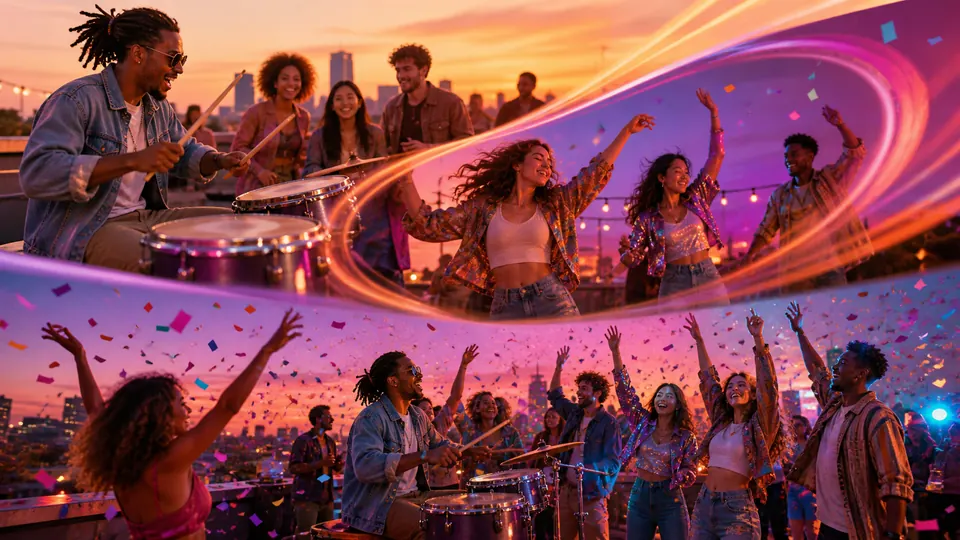 A rhythmic multi-shot rooftop music performance