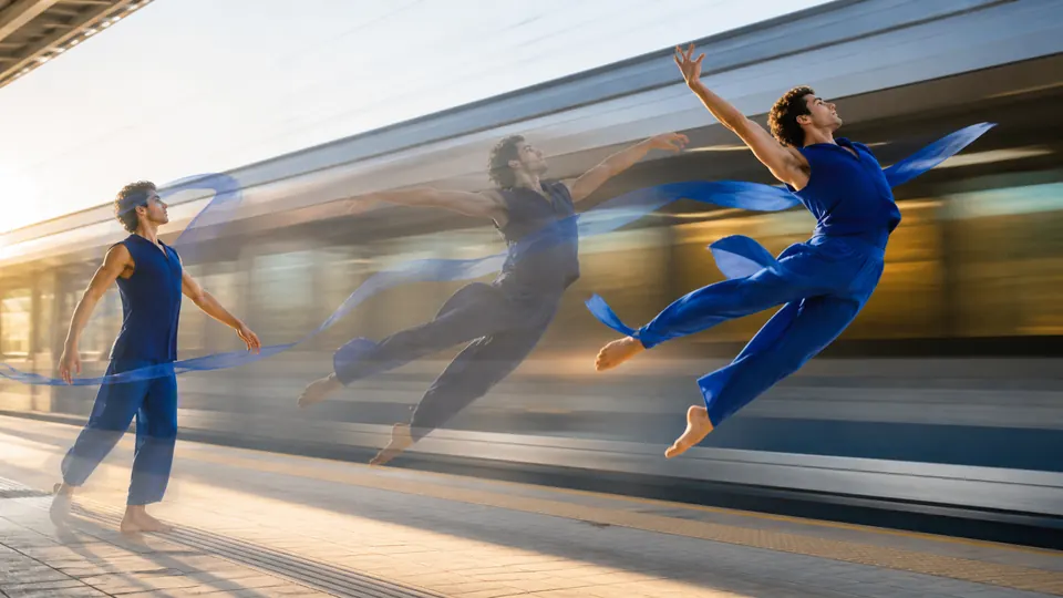 A dancer moving from a start pose to an airborne end pose