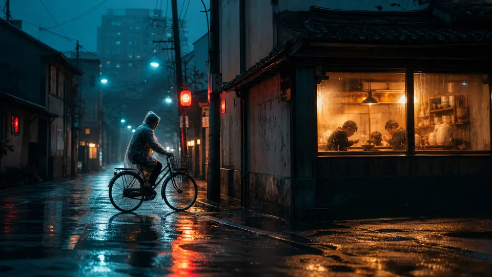 A cyclist crossing a cinematic rain-soaked street at blue hour