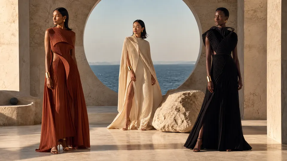 Three fashion models in a production-grade coastal campaign