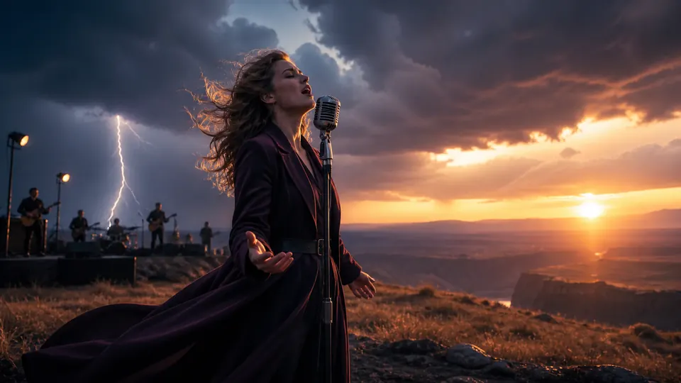 A cinematic outdoor singer performing as a storm arrives