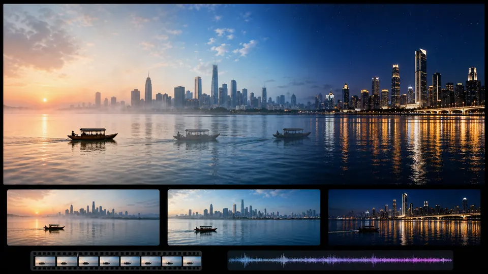 A river city and boat transitioning from dawn to night